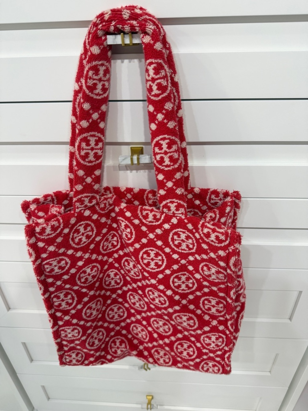 Tory Burch Red and White Logo Terry Cloth Tote